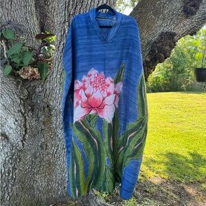 100%Silk Hand painted Yodyoko blue and pink Maxi Dress.XL